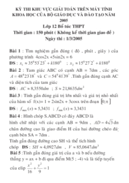 Đề thi khu vực giải Toán trên máy tính khoa học lớp 12 của Bộ Giáo dục và Đào tạo năm 2005