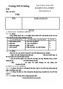 Đề kiểm tra 45 phút môn Sinh học lớp 6 - Trường THCS Chiềng Cơi
