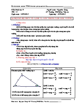 Giáo án Hình học 9 - Tiết 11: Một số hệ thức về cạnh trong tam giác vuông - Nguyễn Song