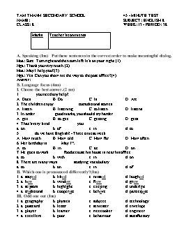 Đề kiểm tra 1 tiết môn Tiếng Anh Lớp 8 - Tiết 38 - Trường THCS Tam Thanh