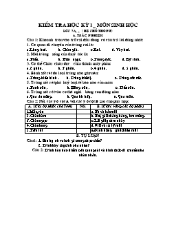 Đề kiểm tra học kỳ I - Môn Sinh học Lớp 7