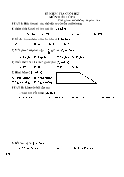 Đề kiểm tra cuối học kì 1 môn Toán Lớp 3 - Đề 15