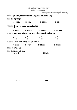 Đề kiểm tra cuối học kì 1 môn Toán Lớp 3 - Đề 5