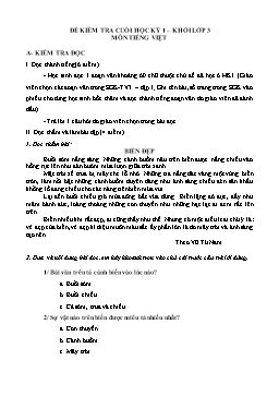 Đề kiểm tra cuối học kỳ 1 môn Tiếng Việt Khối lớp 3