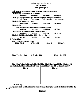 Đề kiểm tra cuối kì II môn Toán Lớp 3 (Có đáp án)