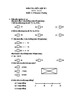 Đề kiểm tra giữa học kì 1 môn Toán Khối 2