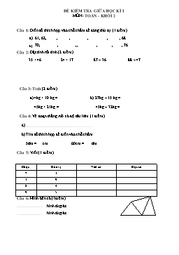 Đề kiểm tra giữa học kì I môn Toán Khối 2