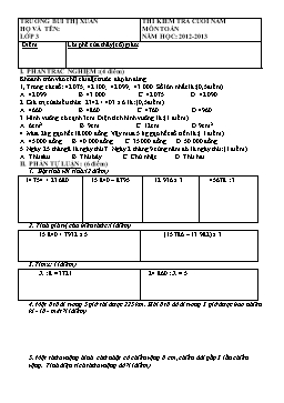 Đề thi kiểm tra cuối năm môn Toán Lớp 3 - Năm học: 2012-2013