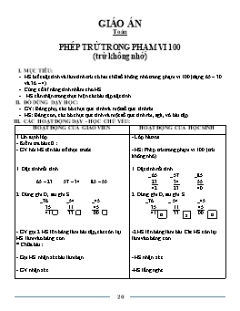 Giáo án môn Toán Lớp 1 - Bài: Phép trừ trong phạm vi 100 (trừ không nhớ)