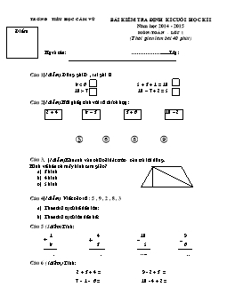 Bài kiểm tra định kì cuối học kì I môn Toán Lớp 1 - Năm học 2014-2015
