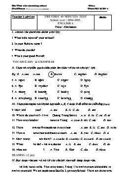 Đề kiểm tra 45 phút môn Tiếng Anh Lớp 6 - Năm học 2014-2015 - Trường THCS Chu Văn An (Có đáp án)