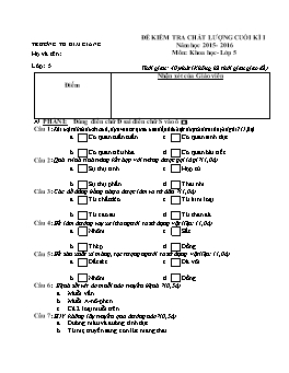 Đề kiểm tra chất lượng cuối kì I môn Khoa học Lớp 5 - Năm học 2015-2016 (Có đáp án)