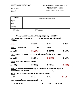 Đề kiểm tra cuối học kì I môn Toán Lớp 5 - Năm học 2018-2019 - Trường Tiểu học Hưng Đạo (Có đáp án)