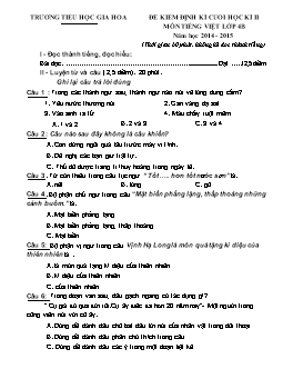 Đề kiểm tra định kì cuối học kì II môn Toán, Tiếng Việt, Khoa học Lớp 4 - Năm học 2014-2015 - Trường Tiểu học Gia Hòa (Có đáp án)