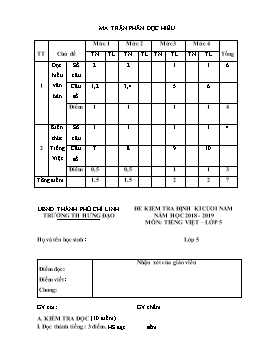 Đề kiểm tra định kì cuối năm môn Tiếng Việt Lớp 5 - Năm học 2018-2019 - Trường Tiểu học Hưng Đạo (Có đáp án)