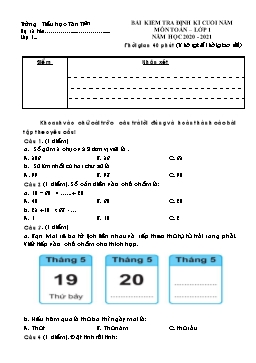 Đề kiểm tra định kỳ cuối năm môn Toán Lớp 1 - Năm học 2020-2021 - Trường Tiểu học Tân Tiến (Có đáp án)