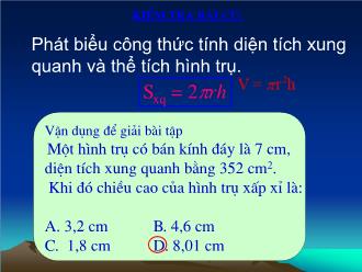 Bài giảng Toán Lớp 9 - Tiết 59: Luyện tập Hình trụ