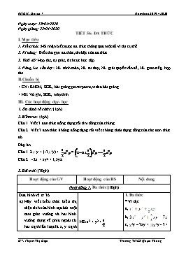 Giáo án Đại số 7 - Tiết 56: Đa thức - Năm học 2019-2020 - Phạm Thị Diệp