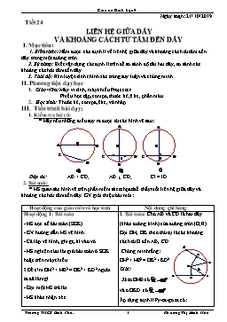 Giáo án Toán Lớp 9 - Tiết 24: Liên hệ giữa dây và khoảng cách từ tâm đến dây - Năm học 2019-2020 - Khương Thị Minh Hảo