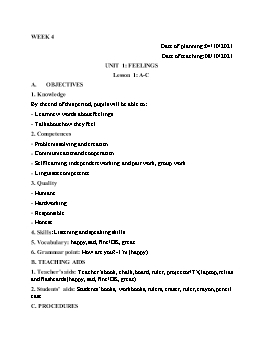 Giáo án Tiếng Anh 2 - Tuần 4 - Unit 1: Feelings - Năm học 2021-2022 - Cao Văn Hùng
