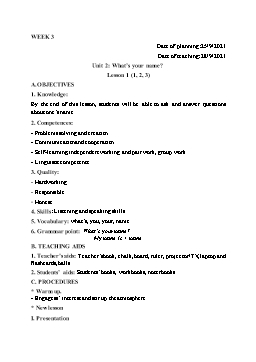 Giáo án Tiếng Anh 3 - Tuần 3 - Unit 2: What's your name? - Năm học 2021-2022 - Cao Văn Hùng