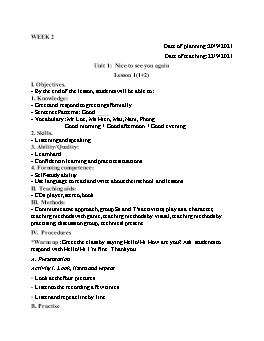 Giáo án Tiếng Anh 4 - Tuần 2 - Unit 1: Nice to see you again - Năm học 2021-2022 - Cao Văn Hùng