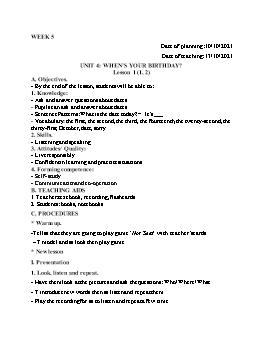 Giáo án Tiếng Anh 4 - Tuần 5 - Unit 4: When's your birthday? - Năm học 2021-2022 - Cao Văn Hùng
