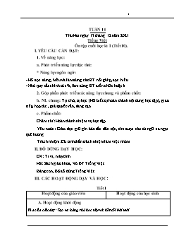 Kế hoạch bài dạy Lớp 1 - Tuần 14 - Năm học 2021-2022 - Lê Thị Ngọc Thúy