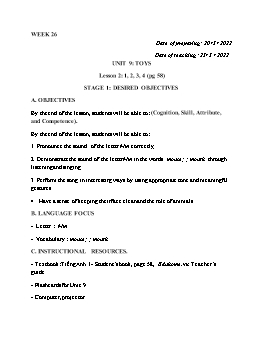 Kế hoạch bài dạy Tiếng Anh 1 - Tuần 26 - Năm học 2021-2022 - Trần Thị Hương
