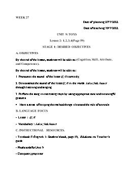 Kế hoạch bài dạy Tiếng Anh 1 - Tuần 27 - Năm học 2021-2022 - Trần Thị Hương