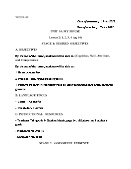 Kế hoạch bài dạy Tiếng Anh 1 - Tuần 30 - Năm học 2021-2022 - Trần Thị Hương