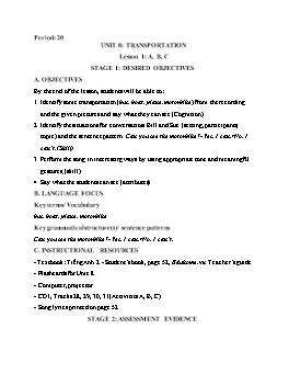 Kế hoạch bài dạy Tiếng Anh 2 - Tuần 21, Unit 8: Transportation - Năm học 2021-2022 - Cao Văn Hùng