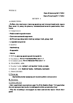 Kế hoạch bài dạy Tiếng Anh 3 - Tuần 12 - Năm học 2021-2022 - Trần Thị Hương