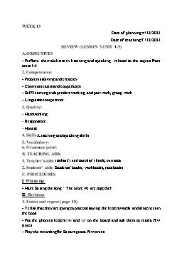 Kế hoạch bài dạy Tiếng Anh 3 - Tuần 13, Review (Lesson 3 Unit 1-5) - Năm học 2021-2022 - Cao Văn Hùng