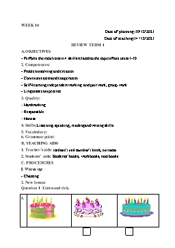 Kế hoạch bài dạy Tiếng Anh 3 - Tuần 14 - Năm học 2021-2022 - Trần Thị Hương