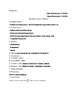 Kế hoạch bài dạy Tiếng Anh 3 - Tuần 14, Review test term 1 - Năm học 2021-2022 - Cao Văn Hùng