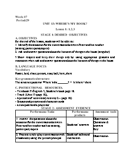 Kế hoạch bài dạy Tiếng Anh 3 - Tuần 17, Unit 13: Where's my book? - Năm học 2021-2022 - Cao Văn Hùng