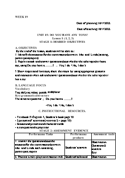 Kế hoạch bài dạy Tiếng Anh 3 - Tuần 19 - Năm học 2021-2022 - Trần Thị Hương