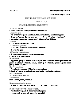 Kế hoạch bài dạy Tiếng Anh 3 - Tuần 22 - Năm học 2021-2022 - Trần Thị Hương