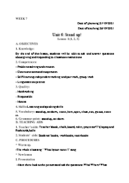 Kế hoạch bài dạy Tiếng Anh 3 - Tuần 7 - Năm học 2021-2022 - Trần Thị Hương