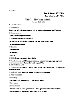 Kế hoạch bài dạy Tiếng Anh 3 - Tuần 8 - Năm học 2021-2022 - Trần Thị Hương