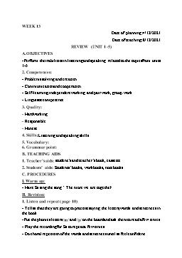 Kế hoạch bài dạy Tiếng Anh 4 - Tuần 13, Review (Unit 1-5) + Review (Unit 6-10) - Năm học 2021-2022 - Cao Văn Hùng