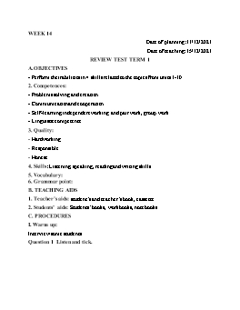Kế hoạch bài dạy Tiếng Anh 4 - Tuần 14, Review test term 1 - Năm học 2021-2022 - Cao Văn Hùng