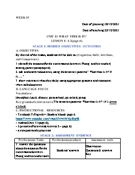 Kế hoạch bài dạy Tiếng Anh 4 - Tuần 15, Unit 11: What time is it? - Năm học 2021-2022 - Cao Văn Hùng