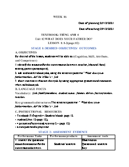 Kế hoạch bài dạy Tiếng Anh 4 - Tuần 16 - Unit 12: What does your father do? - Năm học 2021-2022 - Cao Văn Hùng