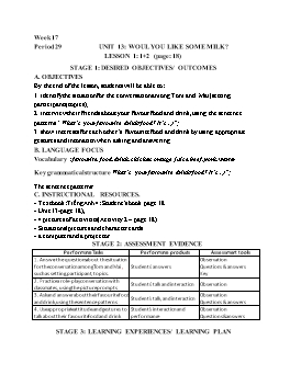Kế hoạch bài dạy Tiếng Anh 4 - Tuần 17, Unit 13: Would you like some milk? - Năm học 2021-2022 - Cao Văn Hùng