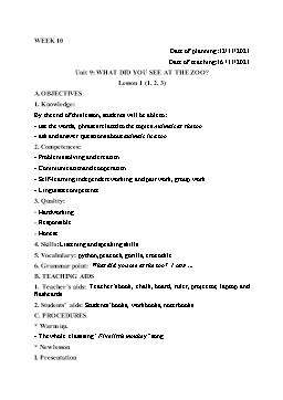 Kế hoạch bài dạy Tiếng Anh 5 - Tuần 10 - Năm học 2021-2022 - Trần Thị Hương