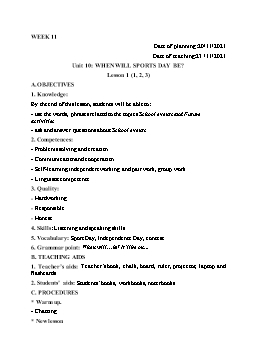 Kế hoạch bài dạy Tiếng Anh 5 - Tuần 11 - Năm học 2021-2022 - Trần Thị Hương