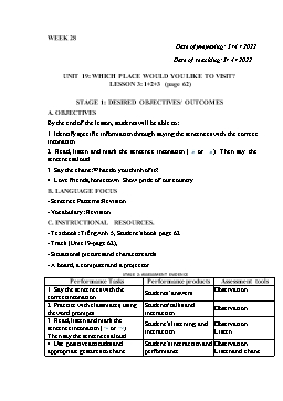 Kế hoạch bài dạy Tiếng Anh 5 - Tuần 28 - Năm học 2021-2022 - Trần Thị Hương