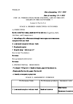Kế hoạch bài dạy Tiếng Anh 5 - Tuần 29 - Năm học 2021-2022 - Trần Thị Hương